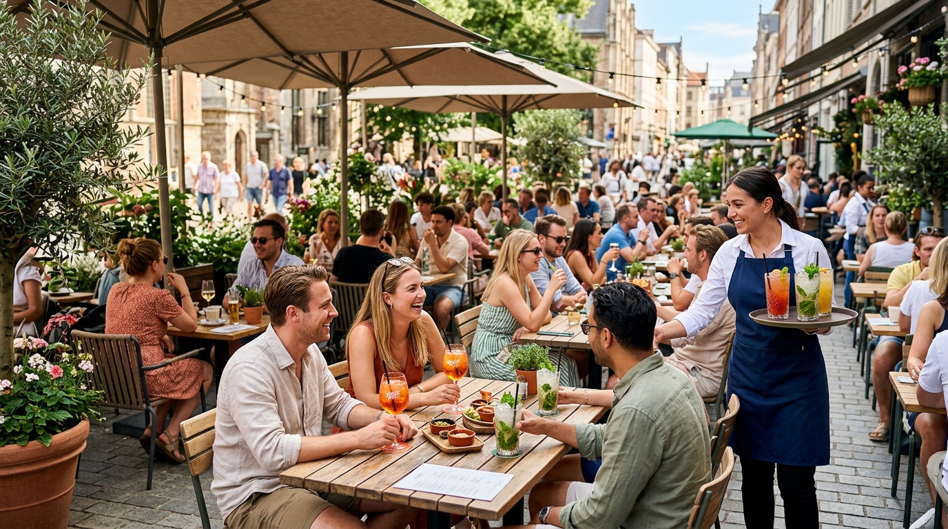 Por Qué Una Máquina de Hielo Profesional Puede Marcar la Diferencia en Hostelería Este Verano 1 Terraza de restaurante con alta demanda de bebidas frias
