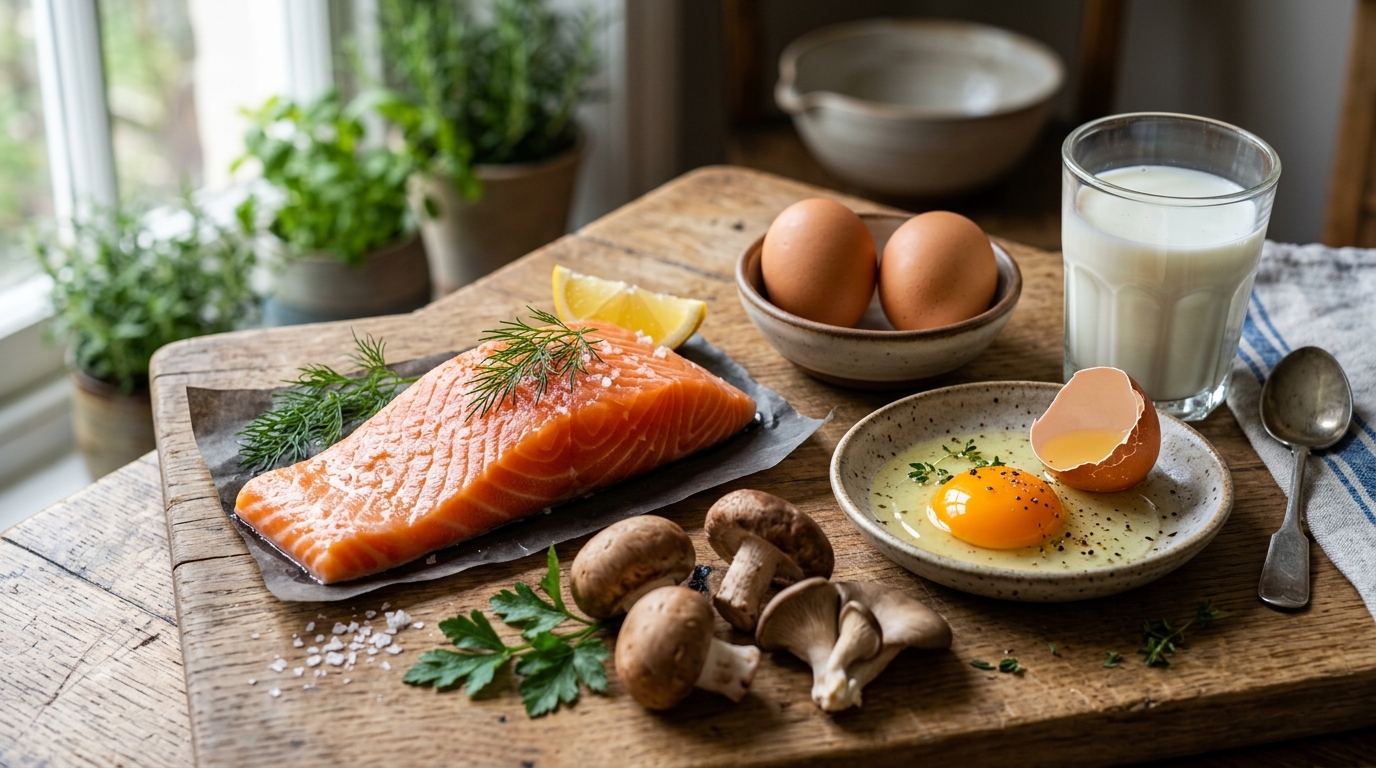 Síntomas de falta de vitamina D en adultos y cómo recuperarla rápidamente 2 Alimentos con vitamina D salmon huevos champinones y leche enriquecida