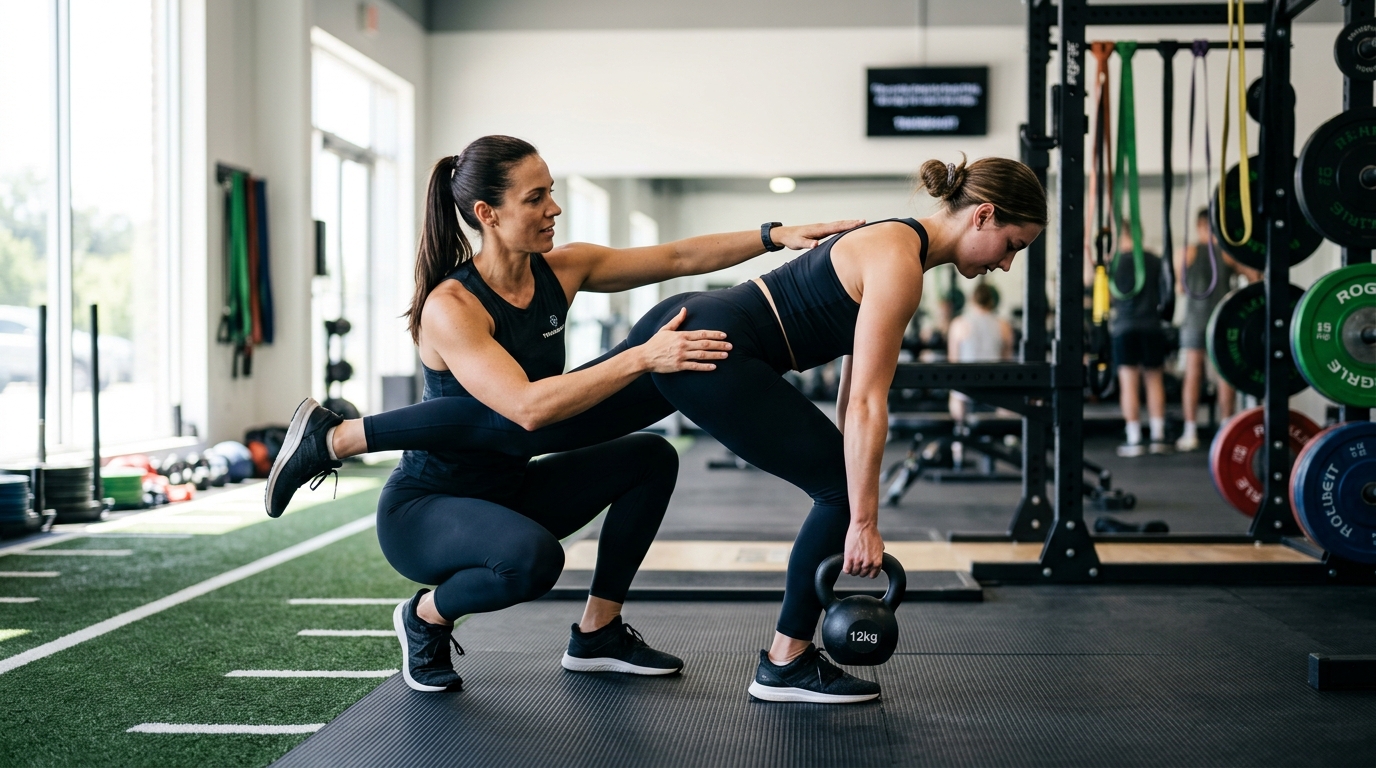 Cómo un entrenador personal puede ayudarte a alcanzar tus objetivos fitness y mejorar tu salud 1 Entrenador corrigiendo tecnica durante una sesion personalizada