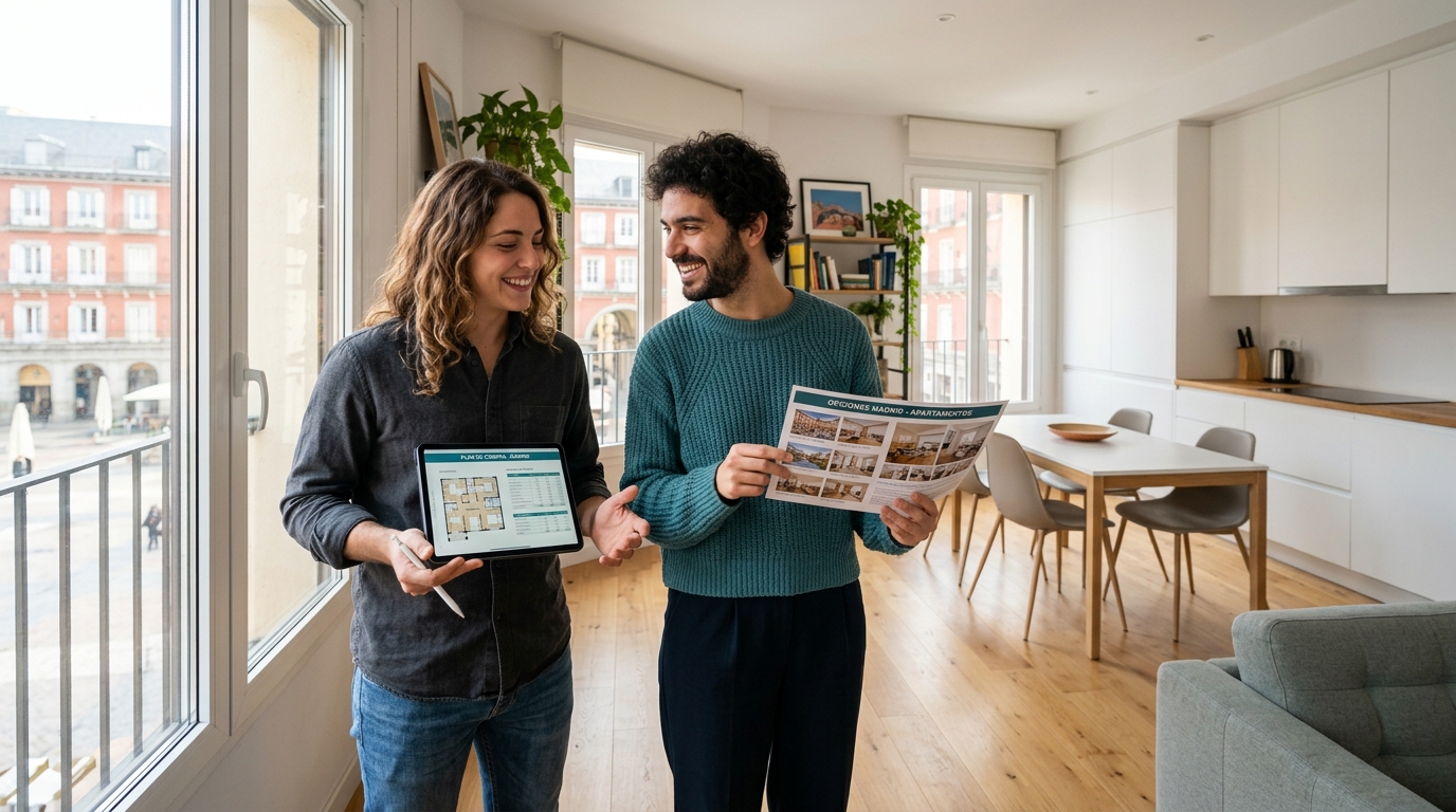 Cómo Elegir Hipoteca En Madrid Y Evitar Errores Antes De Firmar 2 Jovenes evaluando opciones para comprar una vivienda en Madrid