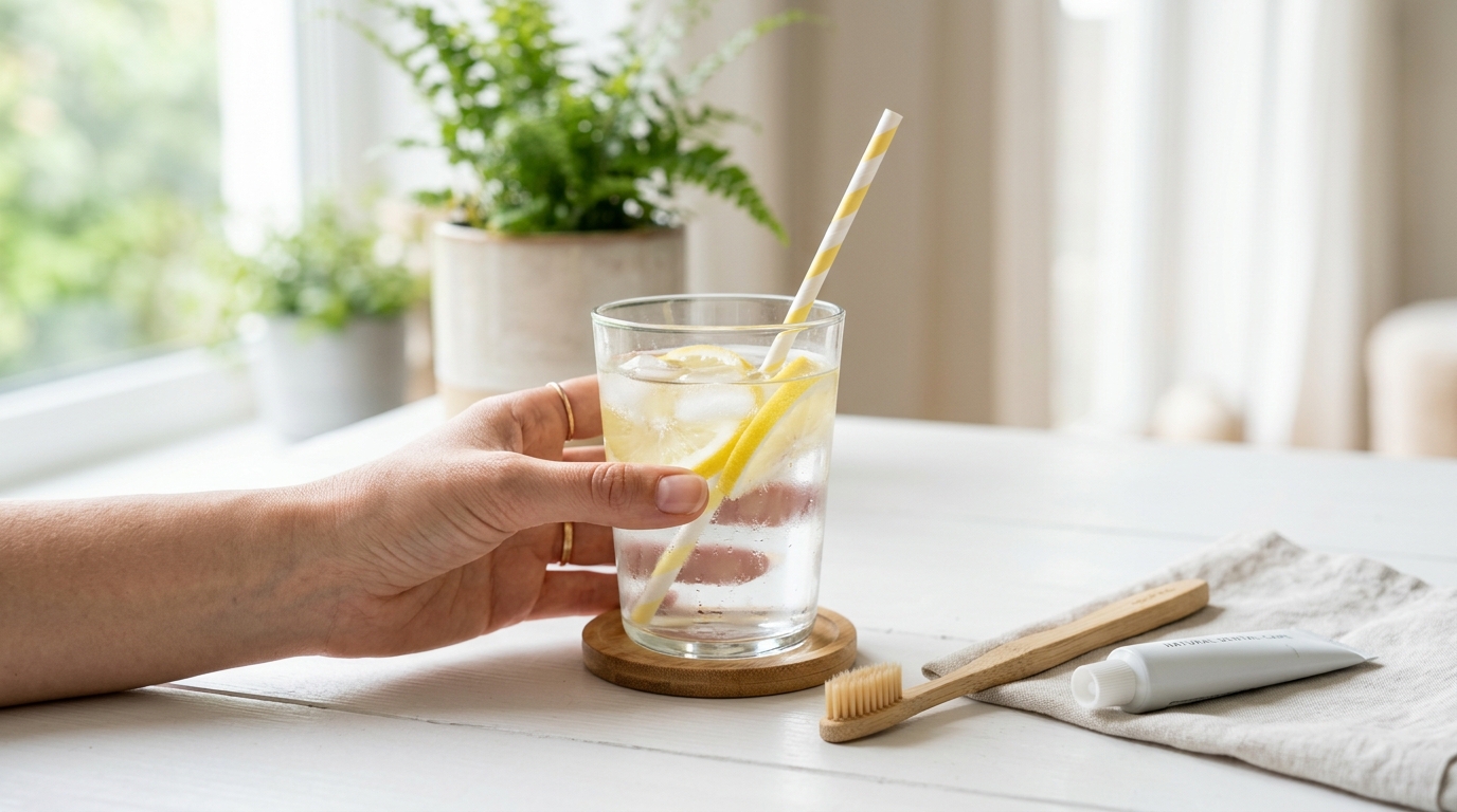 Qué pasa en tu cuerpo si tomas agua con limón en ayunas todos los días 2 Mano sosteniendo vaso de agua con limon con pajita cepillo de dientes al lado