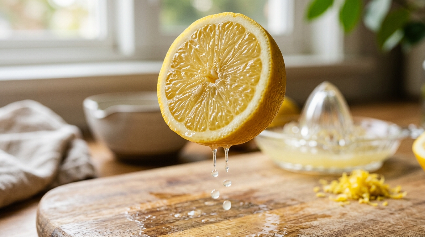 Qué pasa en tu cuerpo si tomas agua con limón en ayunas todos los días 1 Medio limon fresco cortado con gotas de zumo cayendo