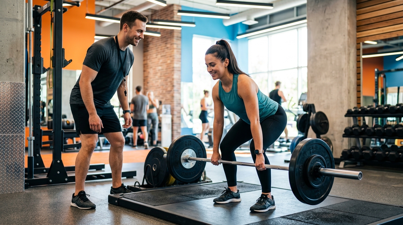 Cómo un entrenador personal puede ayudarte a alcanzar tus objetivos fitness y mejorar tu salud 2 Persona realizando entrenamiento de fuerza acompanado por entrenador personal