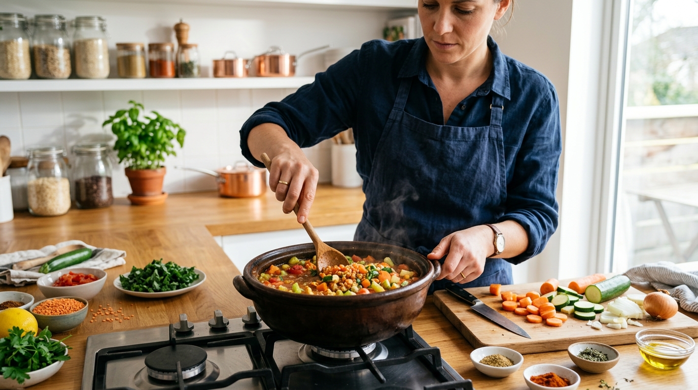 Alimentos ricos en magnesio que deberías incluir en tu cena para dormir mejor 2 Preparacion de un plato de lentejas con verduras un alimento con magnesio