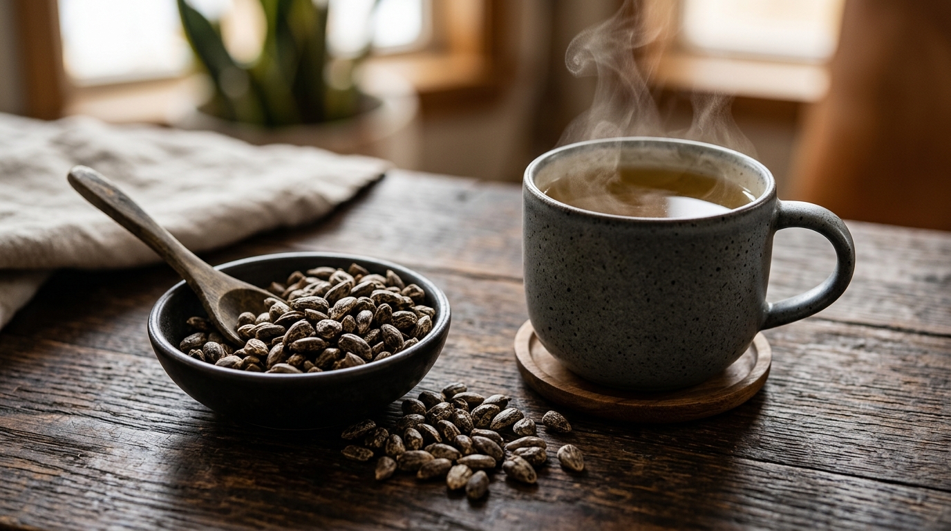 Infusiones medicinales para limpiar el hígado de forma natural: Guía Práctica 1 Semillas de cardo mariano y taza de infusion humeante