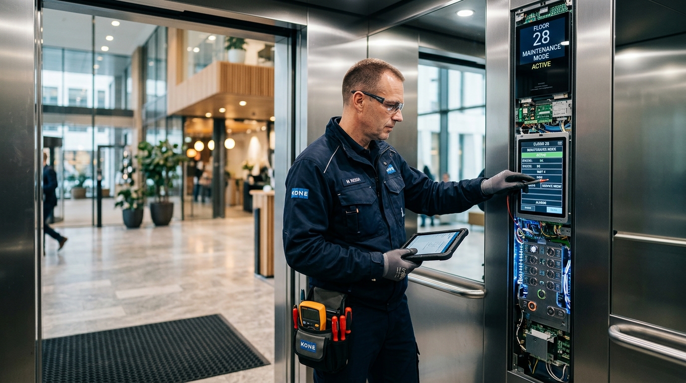 Cómo elegir una empresa de ascensores que garantice seguridad, mantenimiento y un servicio técnico preparado 1 Tecnico revisando sistema de control de ascensor moderno