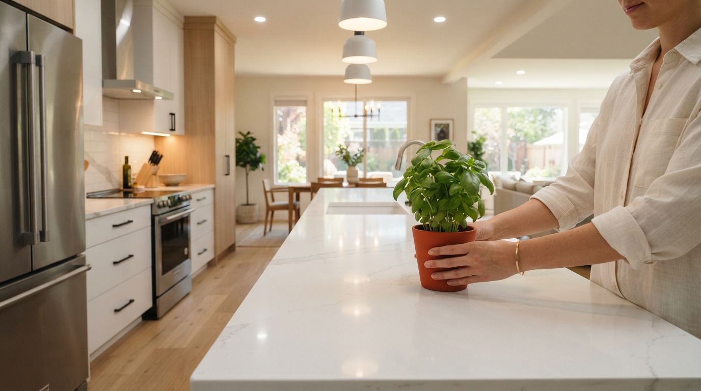 Por qué contratar un servicio de limpieza de fin de obra en Madrid 3 Cocina moderna y elegante recien reformada totalmente limpia y lista para estrenar con una planta decorativa