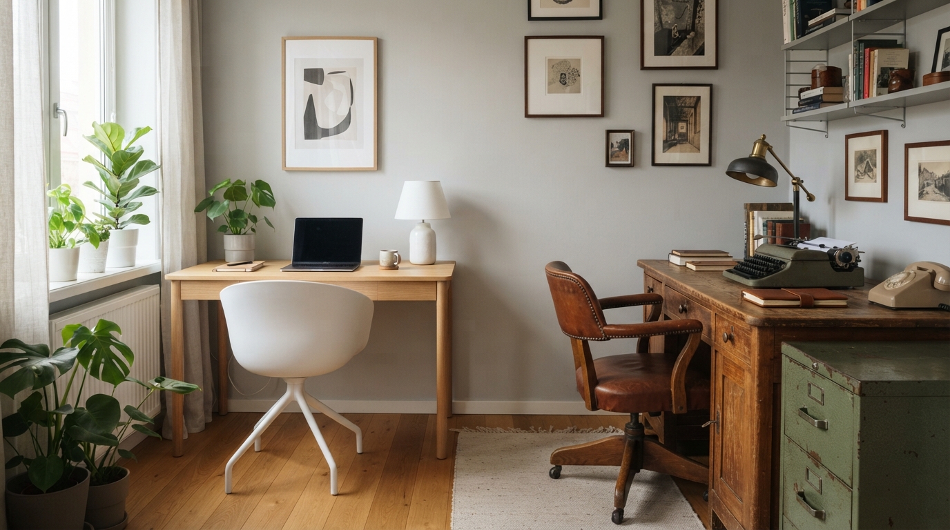 Cómo Elegir Muebles de Oficina Sin Equivocarte 2 Comparativa visual entre mobiliario de oficina nuevo y de segunda mano en un mismo espacio