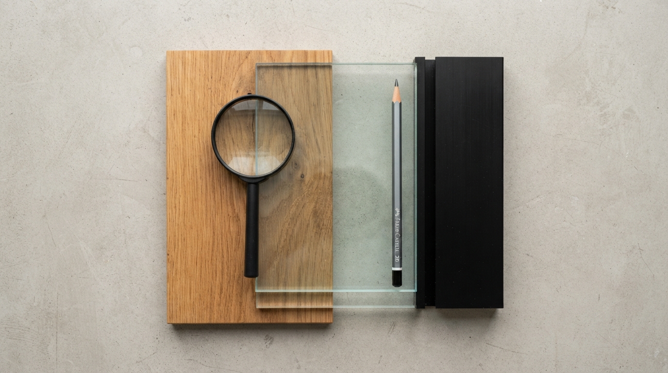 Mamparas de Oficina: Tipos y Cómo Elegir la Mejor Opción 2 Composicion plana de materiales para mamparas de oficina aluminio madera y cristal laminado
