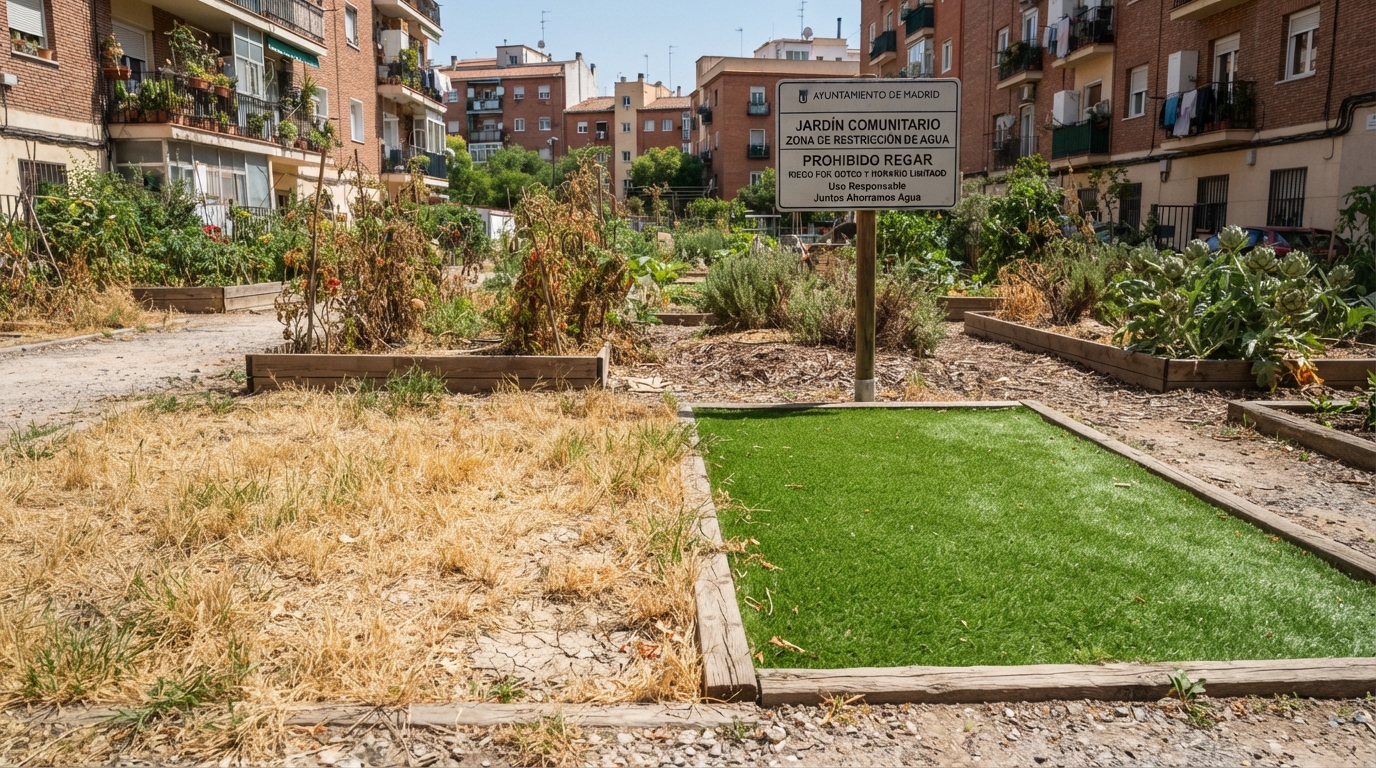 Césped artificial en Madrid: por qué cada vez más propietarios lo eligen 1 Contraste entre cesped natural seco y cesped artificial verde en Madrid con cartel de restriccion de riego