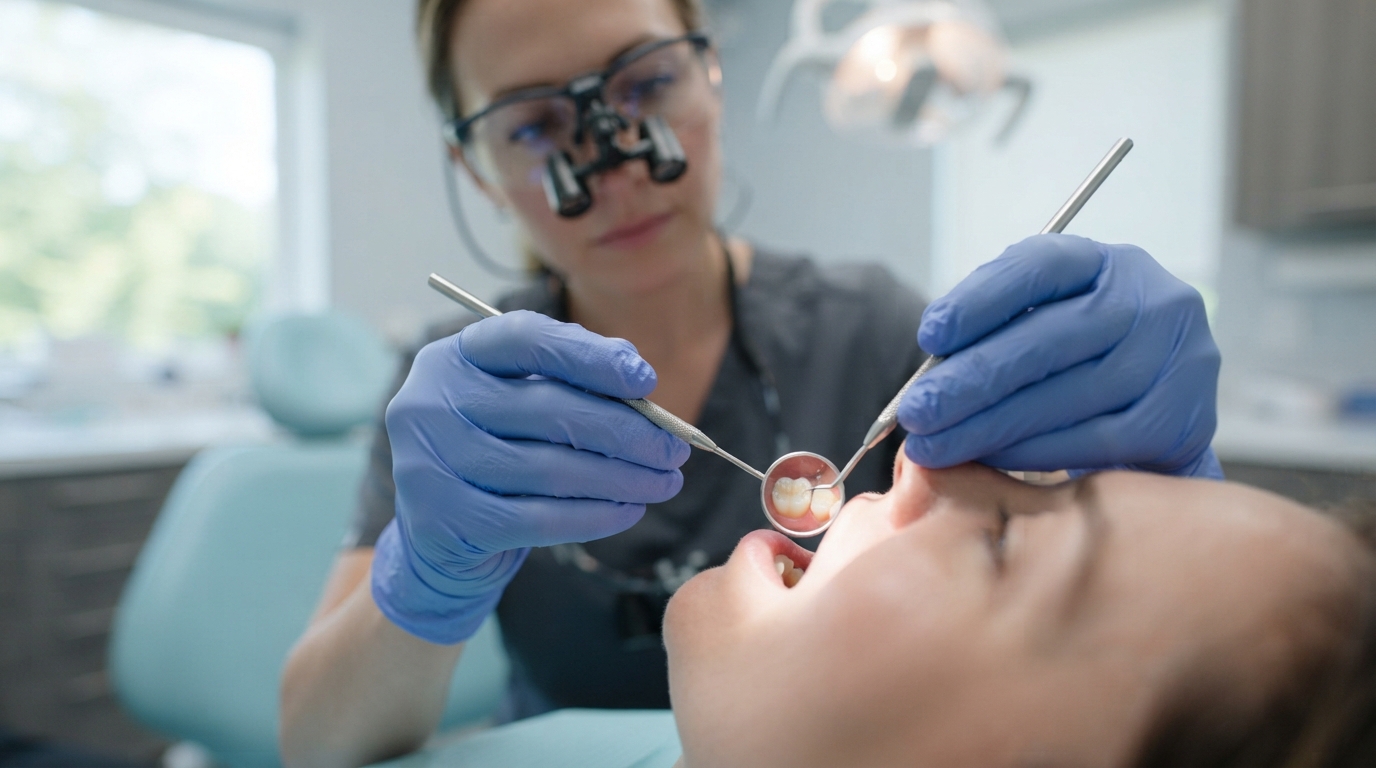 Mitos sobre la salud bucodental: te contamos cuáles no son ciertos 1 Dentista con espejo dental y explorador revision profesional en clinica luminosa