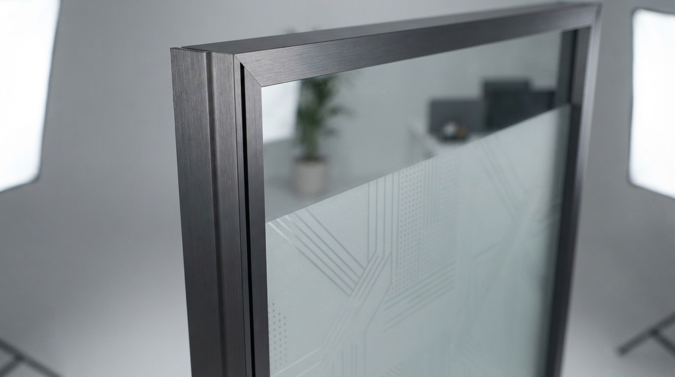 Mamparas de Oficina: Tipos y Cómo Elegir la Mejor Opción 1 Detalle de mampara de oficina con marco de aluminio y panel de vidrio con vinilo decorativo