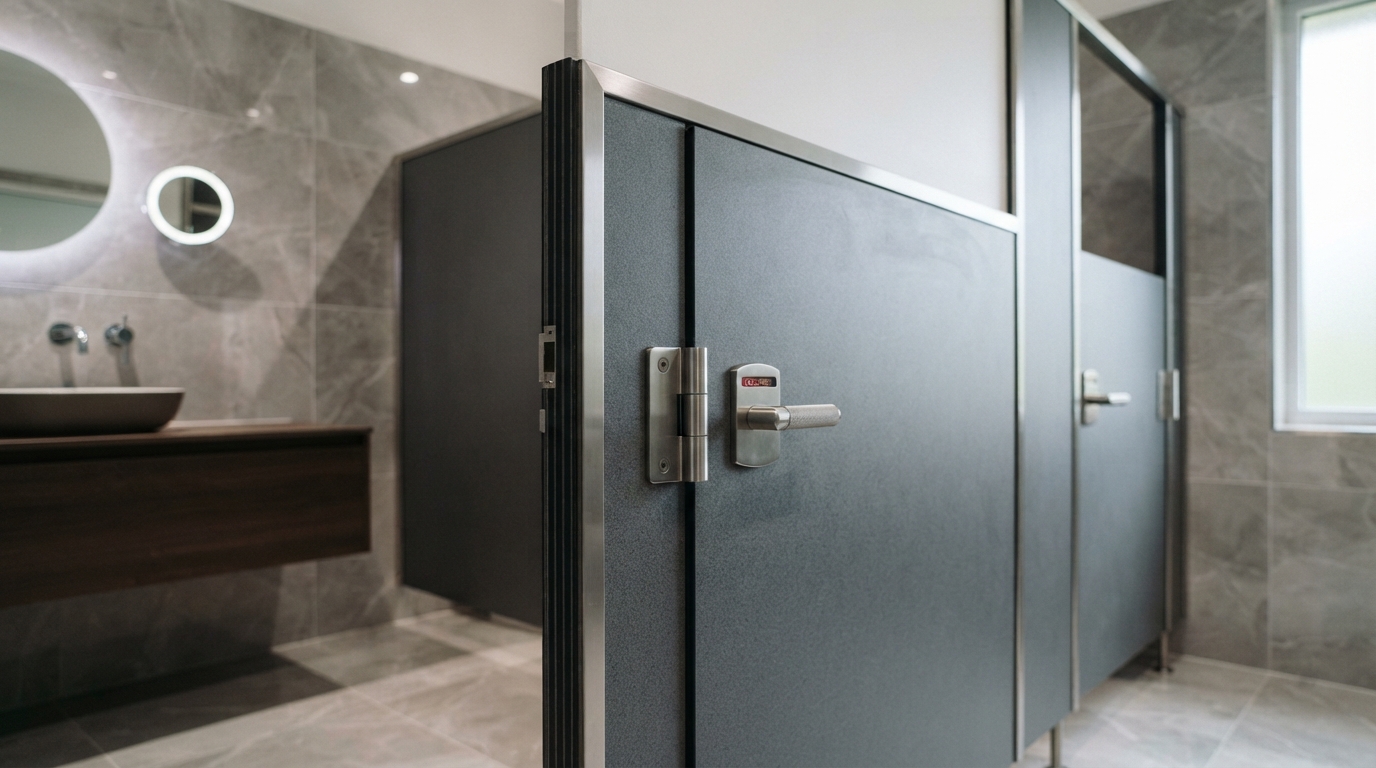Cabinas Sanitarias de Compacto Fenólico para Aseos de Empresa 1 Detalle de panel fenolico