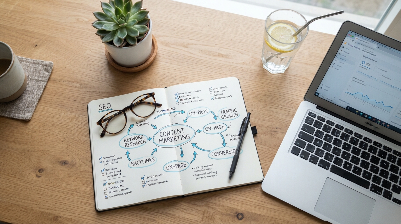 Por Qué Algunos Negocios Aparecen Siempre en Google (Y Otros No) 2 Escritorio con libreta de estrategia SEO portatil y planta en vista cenital