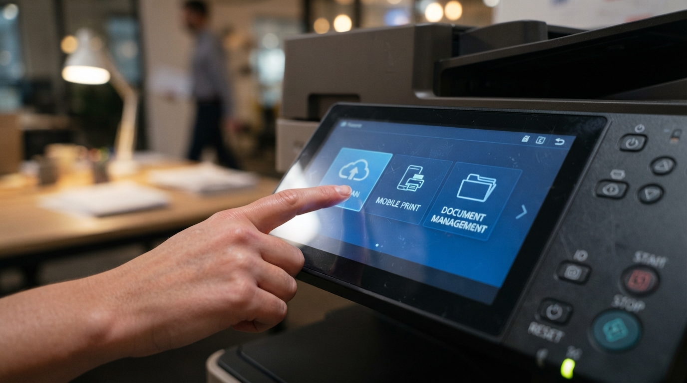 Guía Para Comprar Fotocopiadora Profesional en Madrid 2 Pantalla tactil de fotocopiadora multifuncion mostrando funciones de escaneo y gestion documental