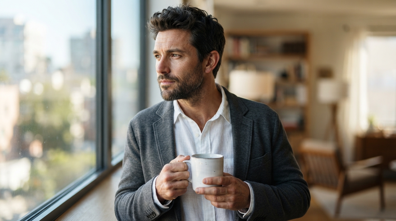 Por Qué Algunos Negocios Aparecen Siempre en Google (Y Otros No) 3 Persona con expresion pensante sosteniendo taza de cafe junto a ventana