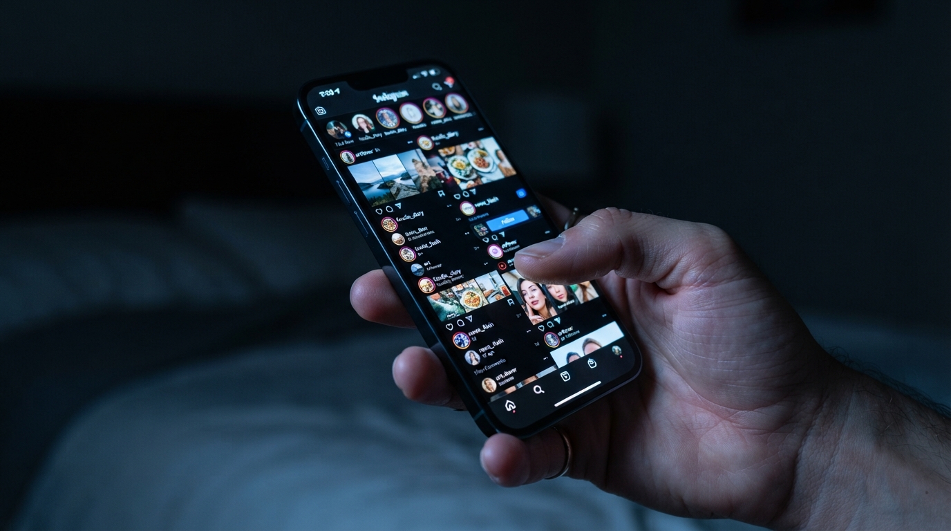 Alternativas a las Redes Sociales Para Informarte Mejor 1 Primer plano de una mano sosteniendo un smartphone con la pantalla mostrando un feed caotico de redes sociales simbolizando la saturacion y perdida de tiempo