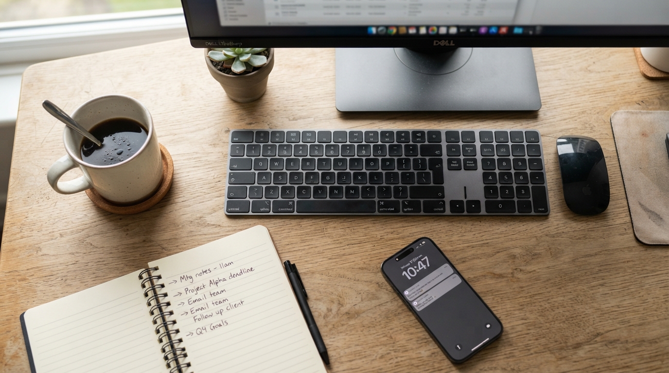 Cómo Elegir Muebles de Oficina Sin Equivocarte 1 Primer plano de una mesa operativa de oficina con ordenador teclado y taza de cafe