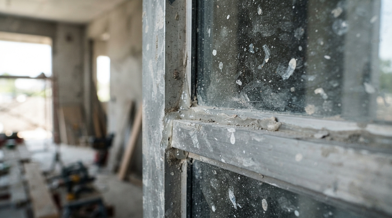 Por qué contratar un servicio de limpieza de fin de obra en Madrid 1 Primer plano de una ventana nueva con salpicaduras de pintura y restos de silicona tras una obra