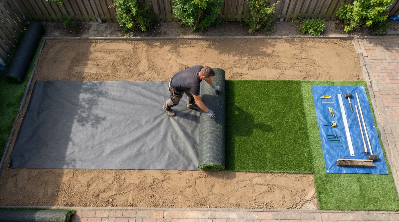 Césped artificial en Madrid: por qué cada vez más propietarios lo eligen 3 Proceso de instalacion de cesped artificial sobre base de arena y geotextil con herramientas profesionales