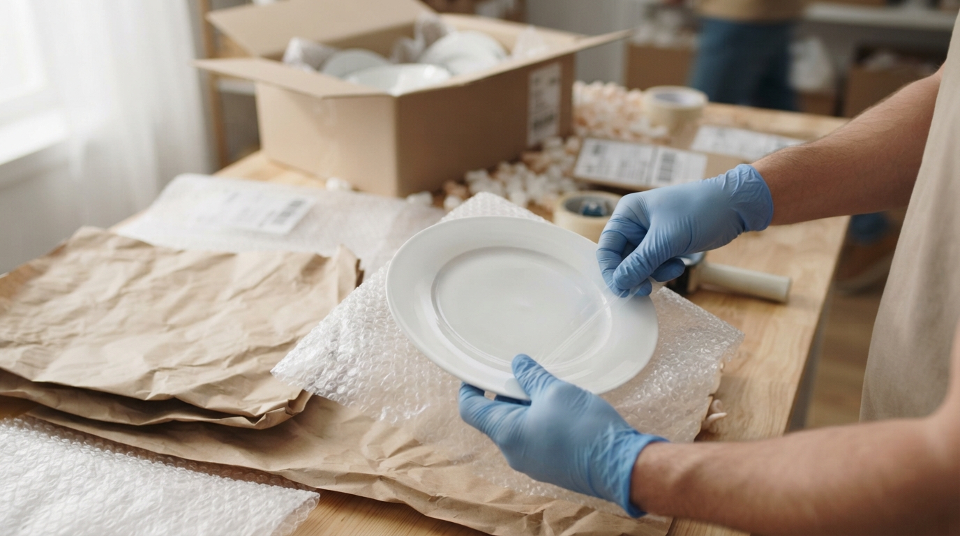 Cómo Elegir una Empresa de Mudanzas Sin Cometer Errores 1 Profesional embalando vajilla de porcelana con papel burbuja para una mudanza segura