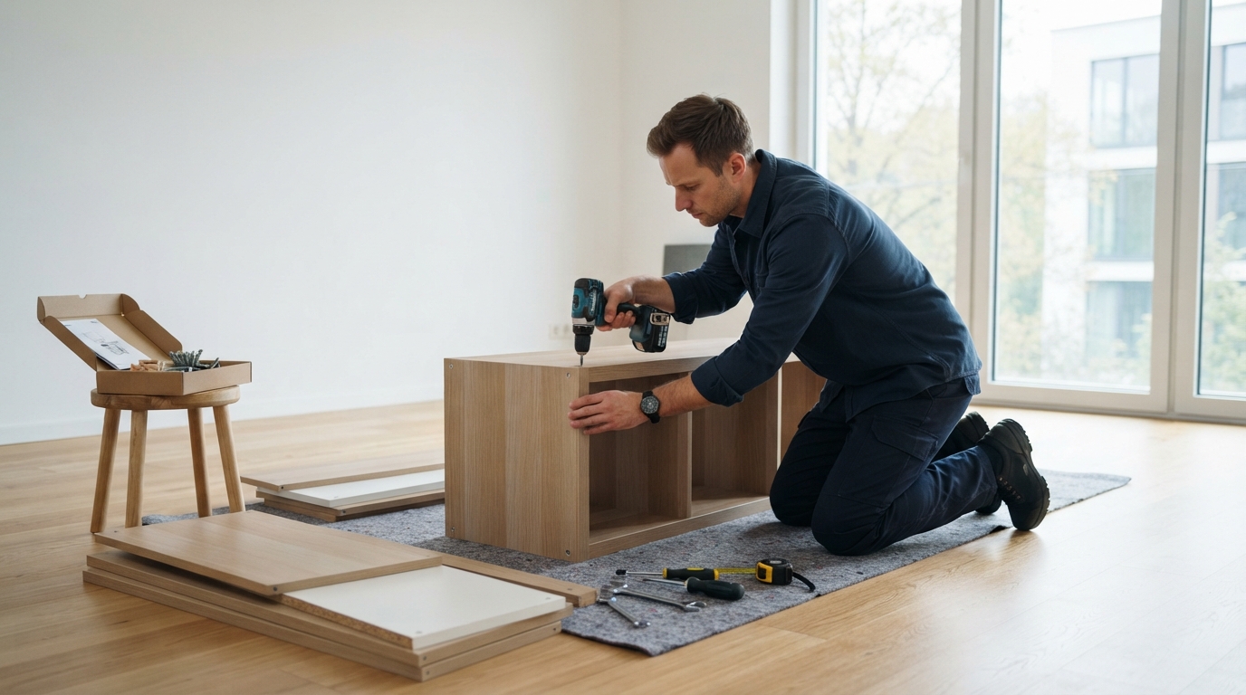 Cómo Elegir una Empresa de Mudanzas Sin Cometer Errores 2 Profesional montando un mueble modular durante una mudanza residencial