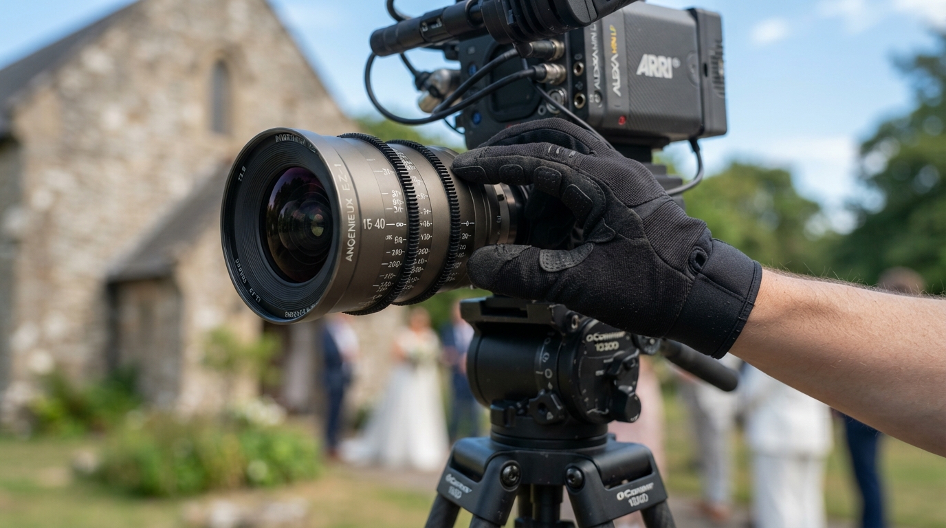 ¿Cómo elegir al mejor profesional para grabar una boda? 2 Videografo profesional ajustando la lente de una camara para una boda