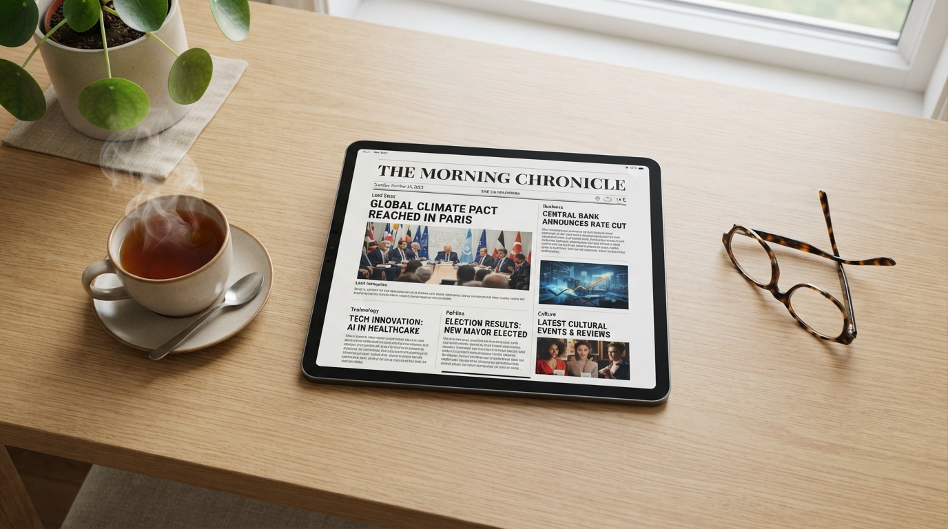Alternativas a las Redes Sociales Para Informarte Mejor 2 Vista cenital de una mesa de trabajo con una tablet que muestra un periodico digital una taza de te y unas gafas representando un consumo de informacion consciente y ordenado