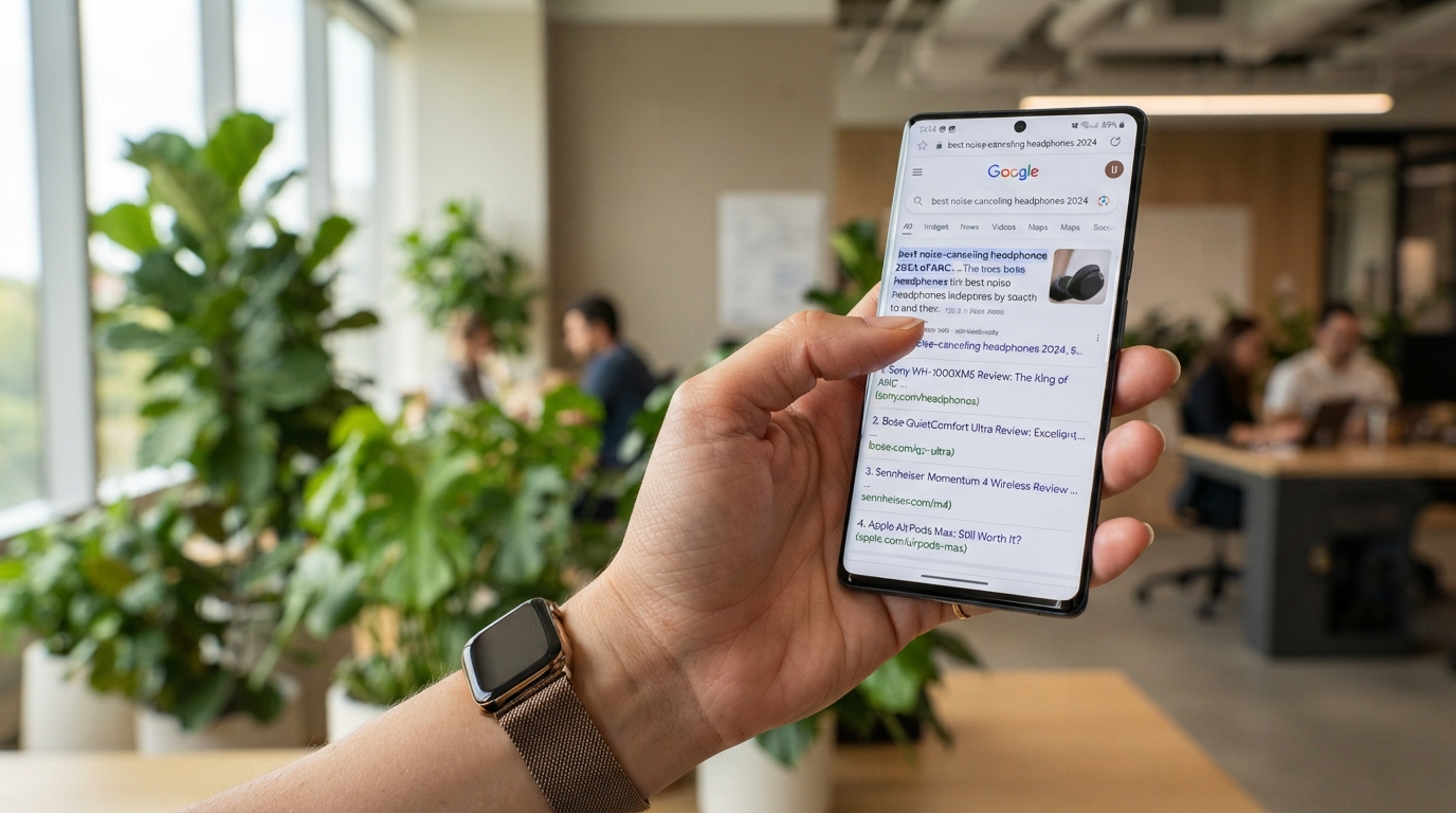 Por Qué Algunos Negocios Aparecen Siempre en Google (Y Otros No) 1 ano sosteniendo telefono con resultados de busqueda en Google