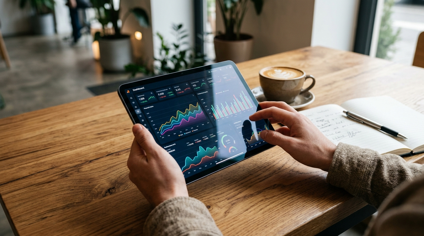 Modelo 347 y TPV para tiendas: guía para mejorar el control administrativo 2 Persona revisando datos financieros y acumulados de operaciones en una tablet moderna