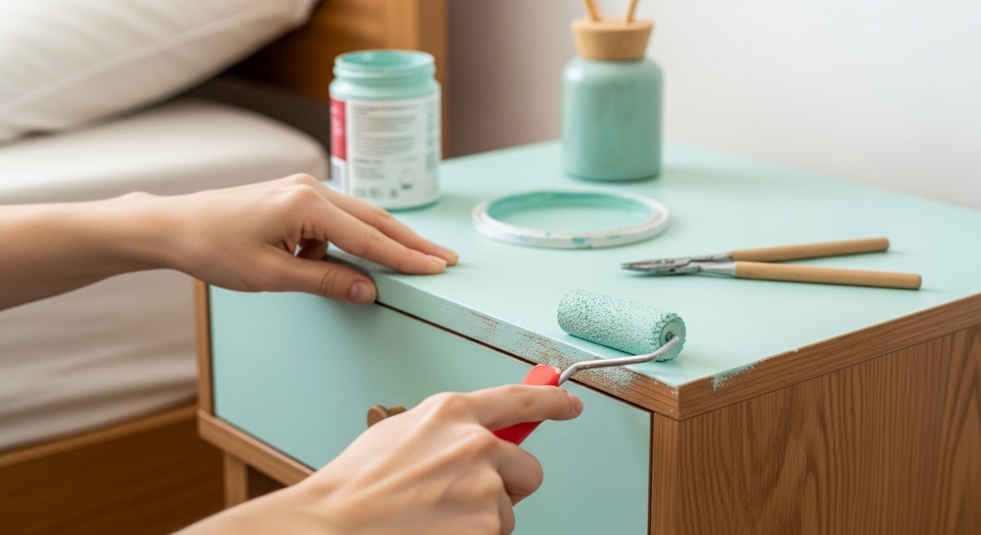 Aplicación fácil de pintura con rodillo en mueble de madera