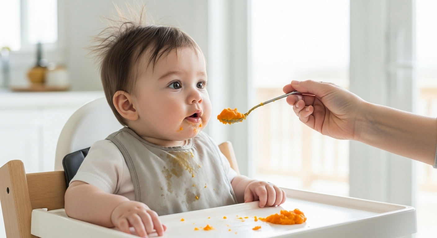 Cómo Introducir Alimentos Sólidos a Tu Bebé de Forma Segura 1 Bebé sentado en trona mostrando interés por la cuchara, una señal clave de readiness para sólidos.