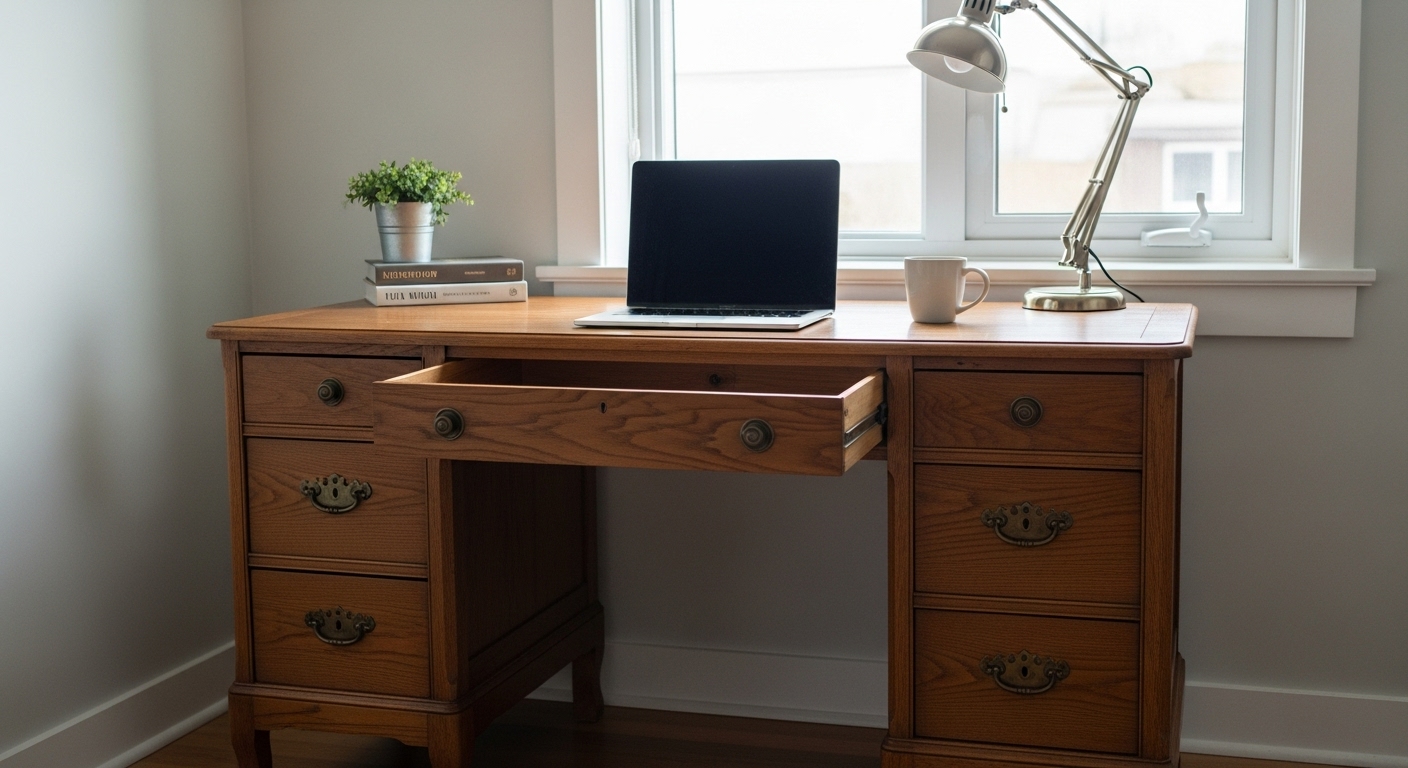 Cómoda vintage reciclada como escritorio moderno con espacio para piernas