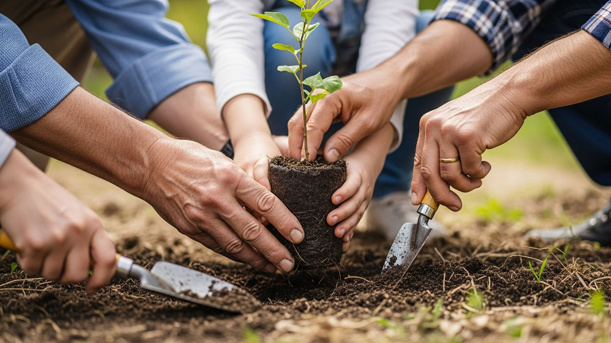 Familia plantando un árbol juntos, tradición familiar de conexión con la naturaleza.
