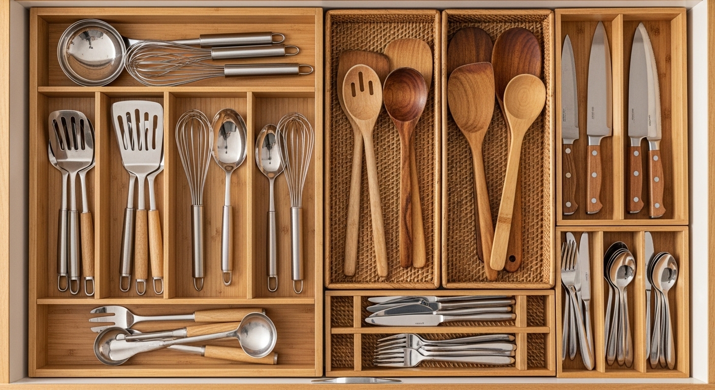 Interior de un cajón de cocina o baño perfectamente organizado con separadores y bandejas.
