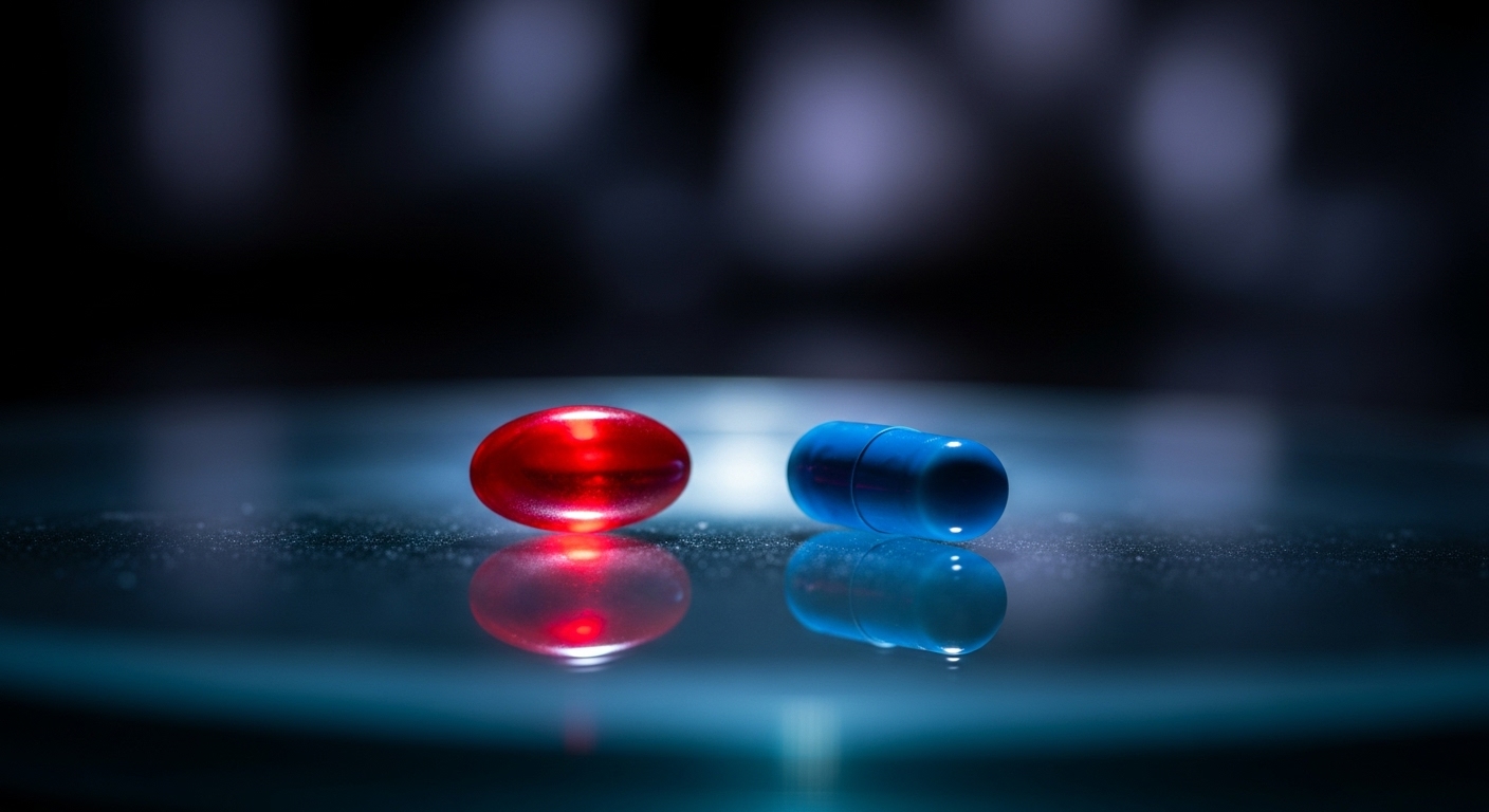 Guía Definitiva de 'The Matrix': Filosofía, Simbolismo y Referencias Ocultas 2 Las pastillas roja y azul de The Matrix representando la eleccion entre la verdad dolorosa y la ignorancia placentera