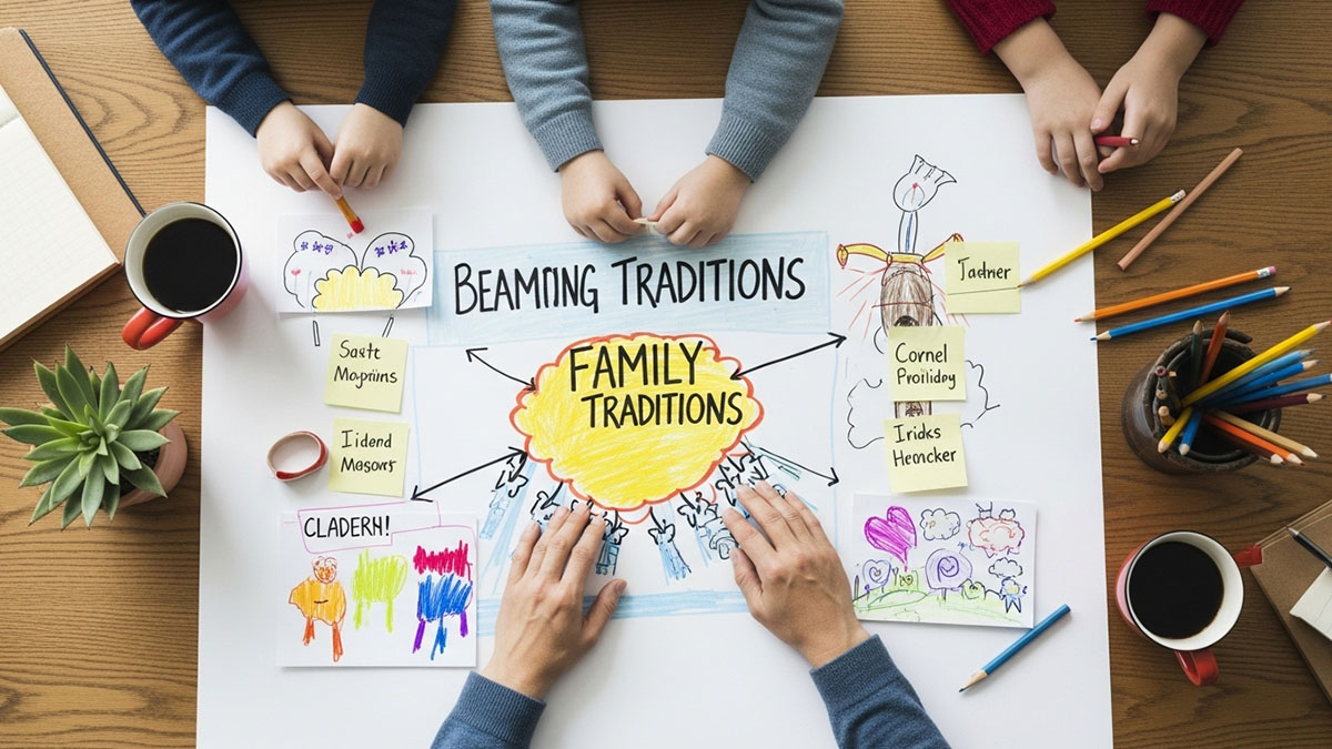 Lluvia de ideas familiar para planificar nuevas tradiciones en una pizarra.