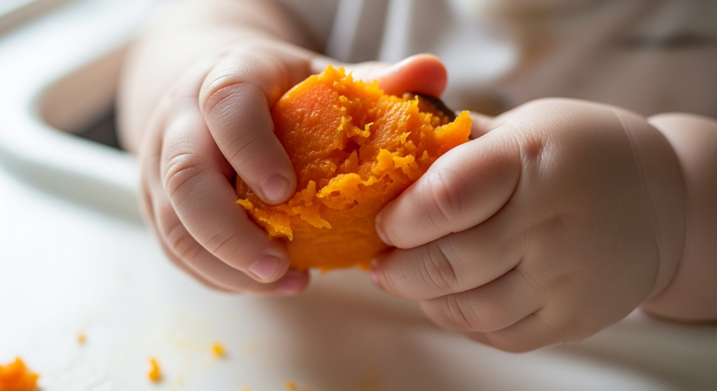 Manos de un bebé agarrando su primer alimento sólido, un trozo de batata cocida, en el proceso de baby-led weaning.