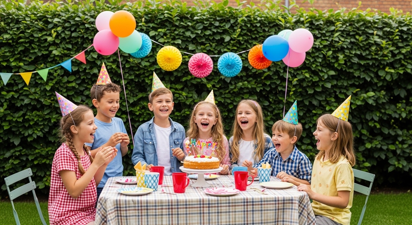 Niños celebrando fiesta de cumpleaños en casa con decoración económica y colorida