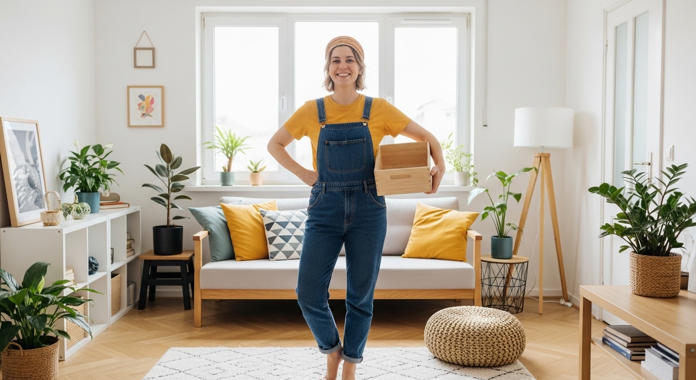 Persona feliz en su hogar perfectamente organizado, listo para disfrutar del espacio.