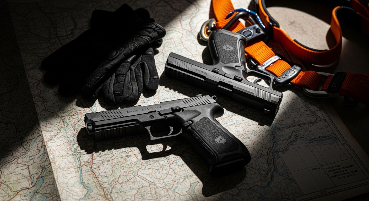 Pistolas duales y equipo de Lara Croft sobre mapa topografico