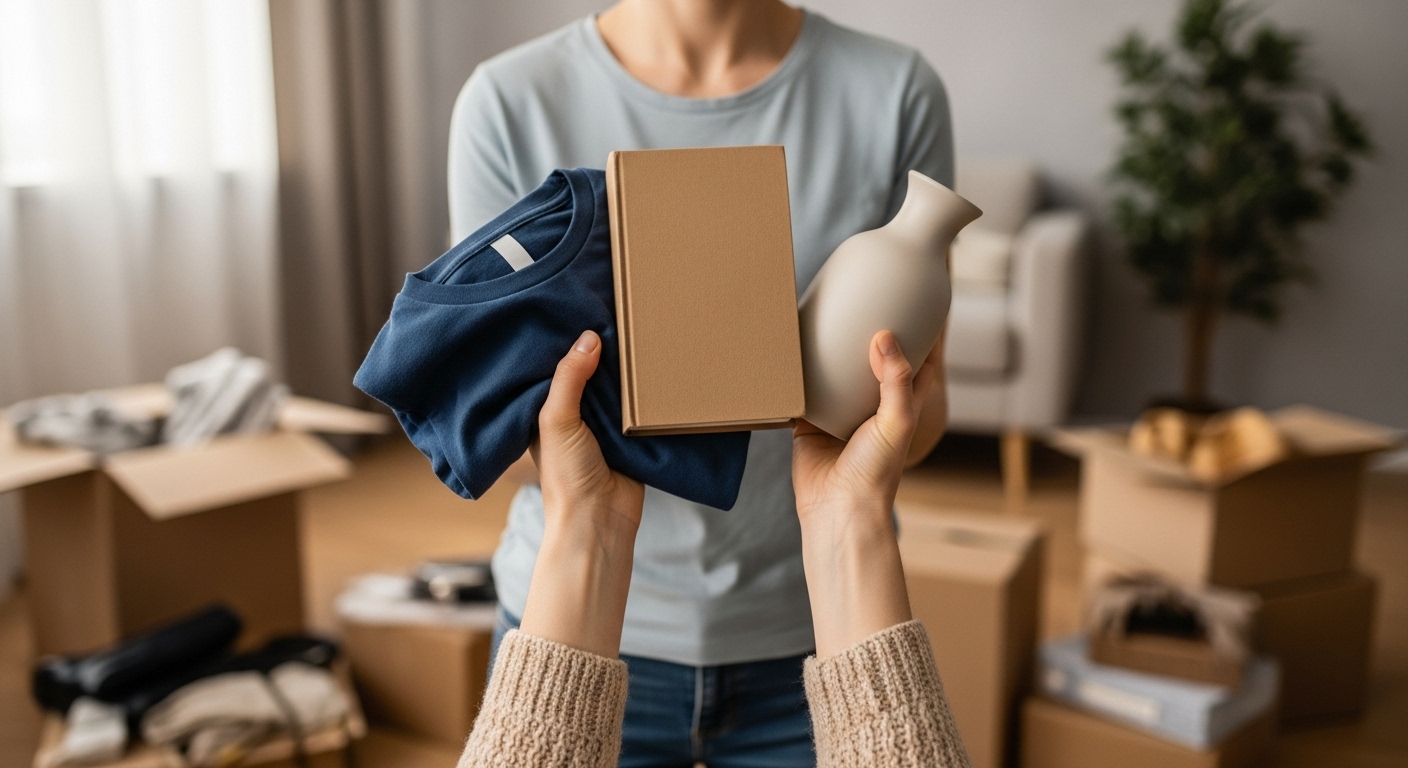 Proceso de decisión durante la organización del hogar, separando lo útil de lo innecesario.