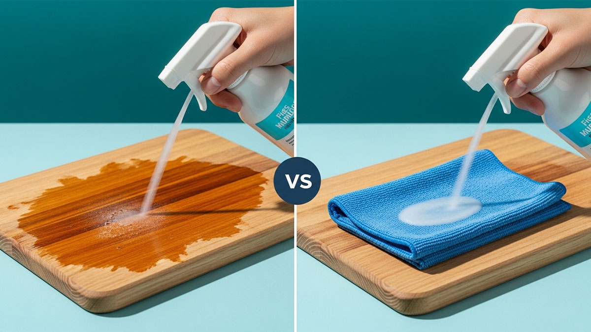 Comparación del error de aplicar limpiador directamente sobre la madera versus la forma correcta en un paño.