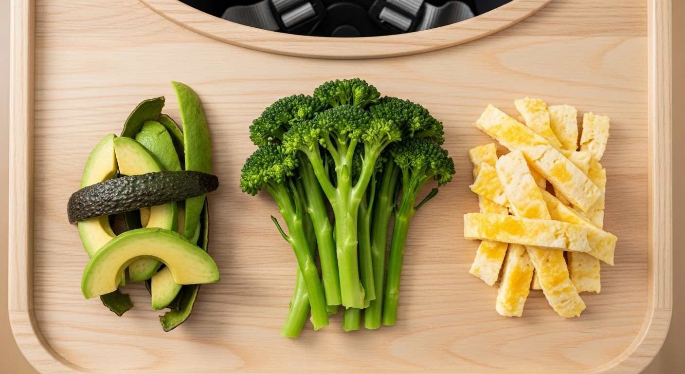 Cómo Introducir Alimentos Sólidos a Tu Bebé de Forma Segura 2 Ejemplo de primeros alimentos para baby-led weaning: aguacate, brócoli y huevo en forma de tiras.