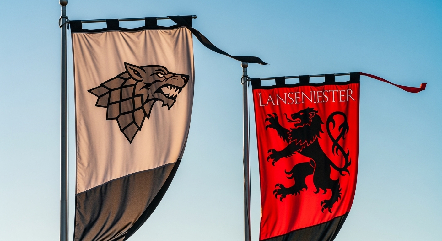 Bandera de la Casa Stark con lobo huargo y bandera de la Casa Lannister con leon ondeando al viento