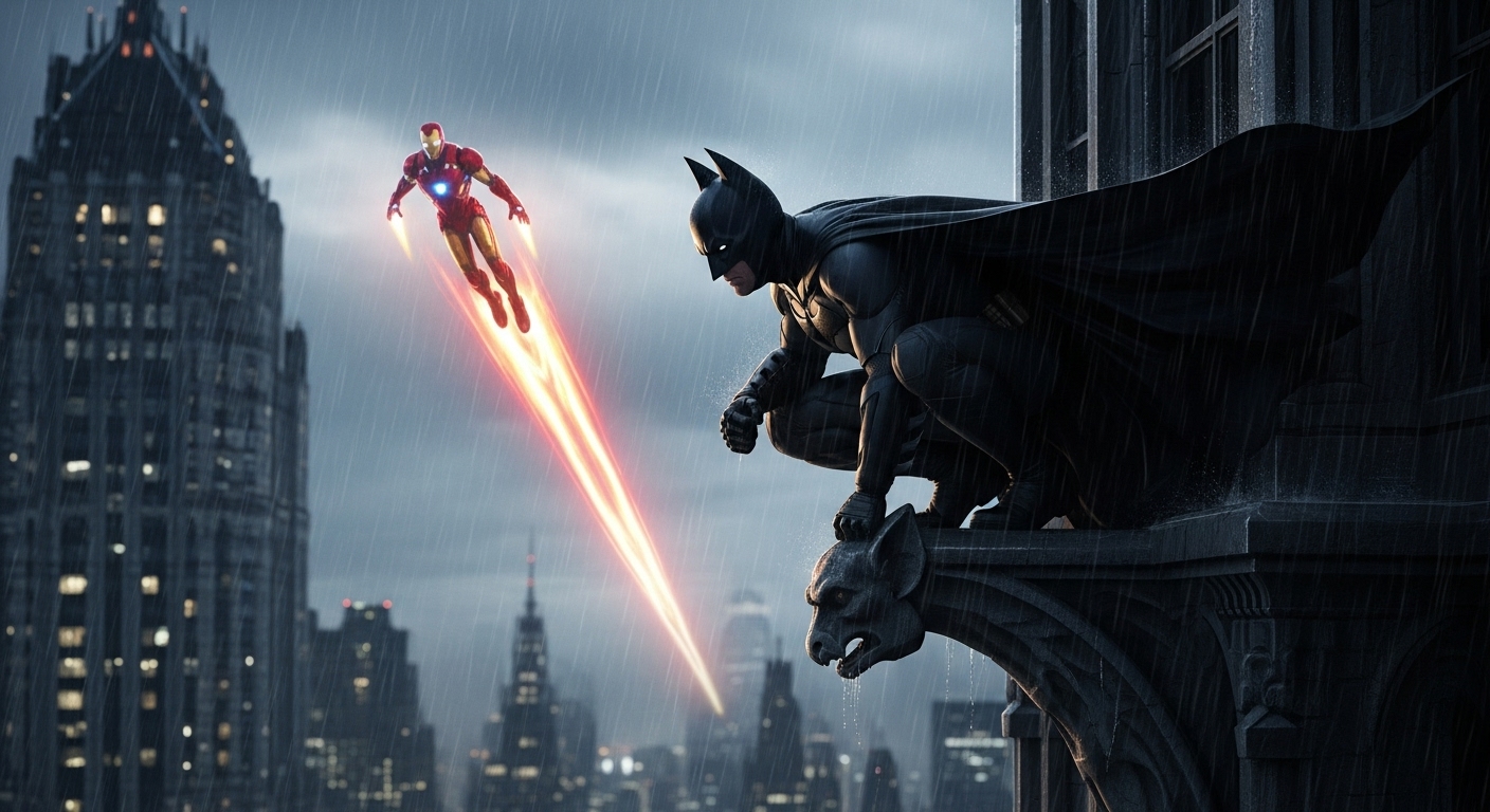 Batman observando desde las sombras el vuelo de Iron Man sobre la ciudad