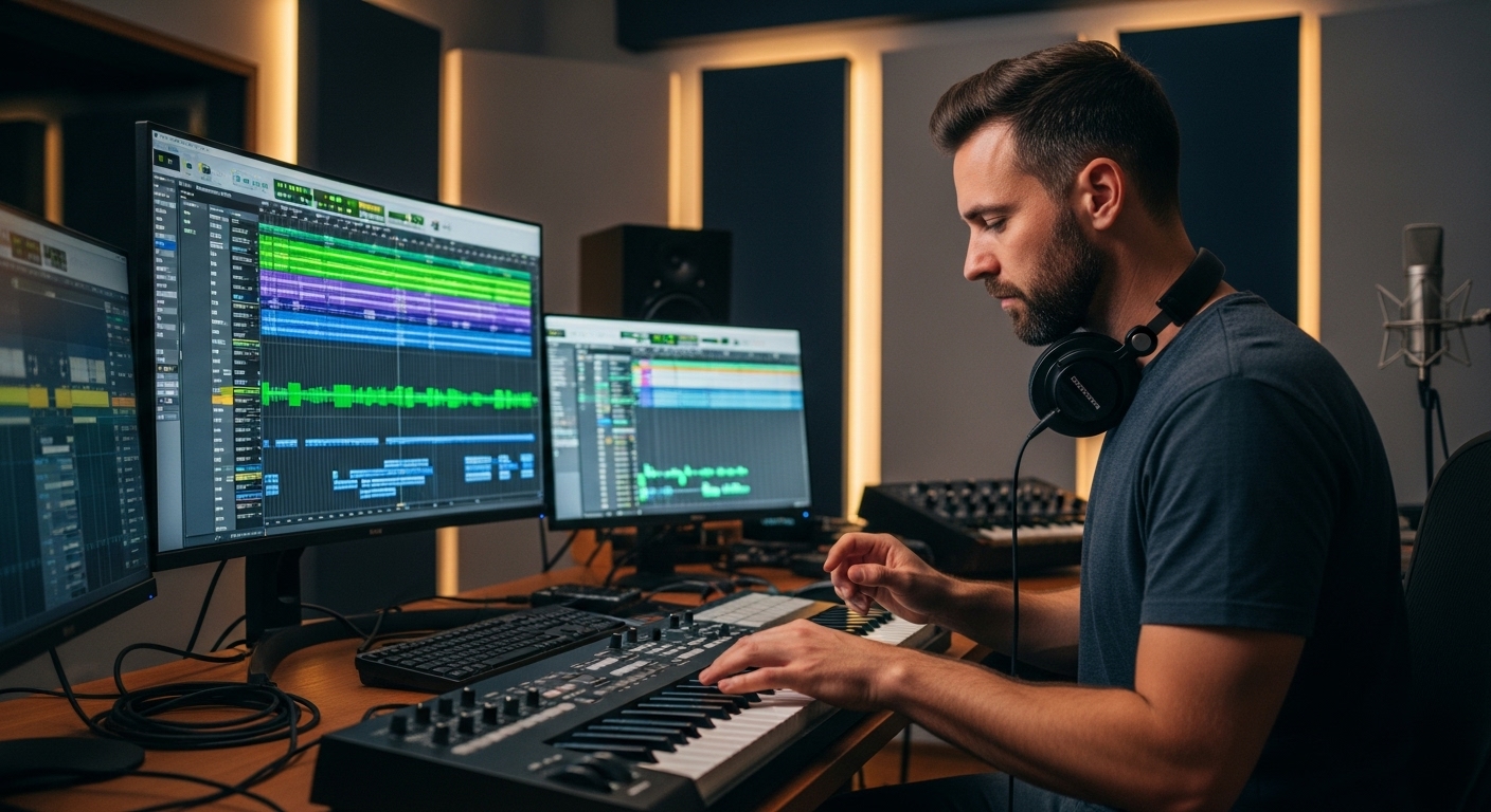 Bandas Sonoras de Videojuegos que Son Obras Maestras Musicales por Derecho Propio 1 Compositor moderno creando musica para videojuegos en un estudio de grabacion