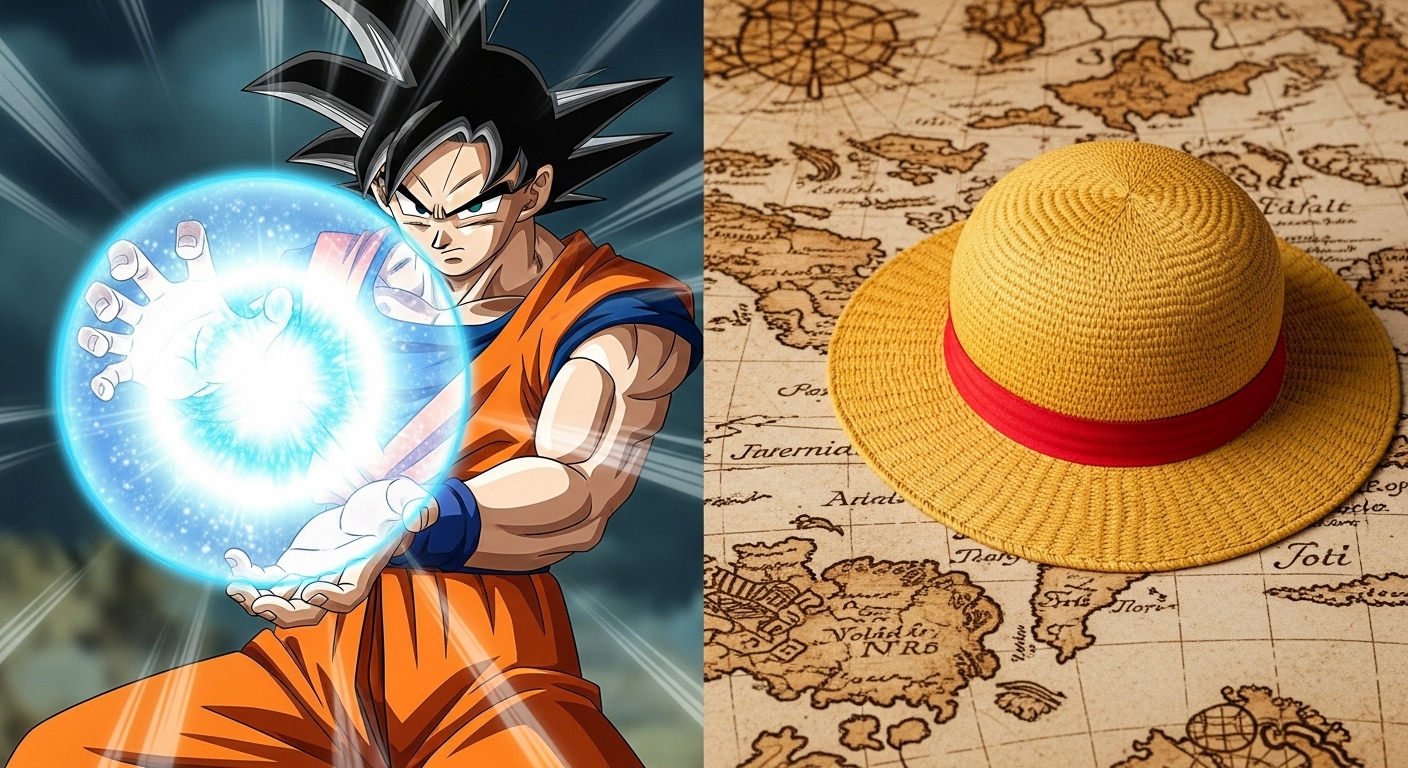 Conceptos visuales que representan la esencia de Dragon Ball poder energia y One Piece aventura misterio