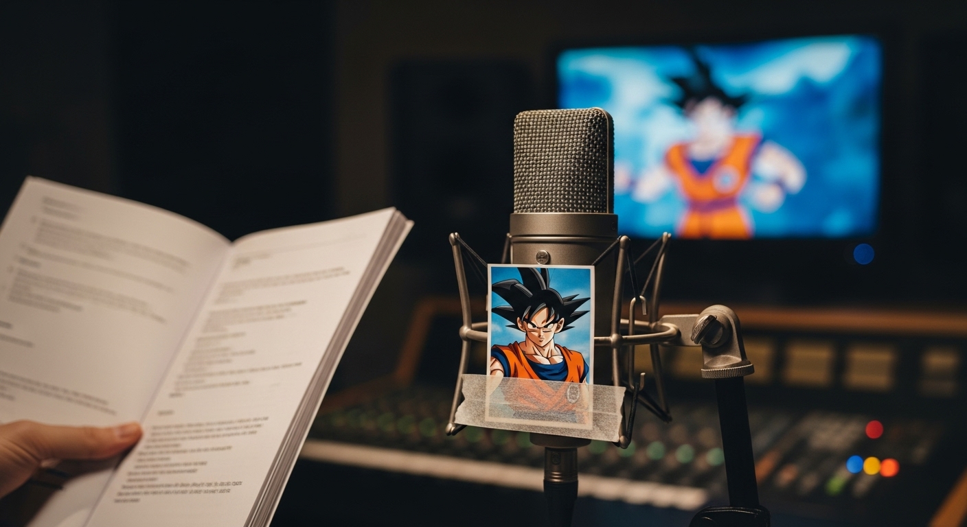 Doblajes al Español que Mejoraron los Diálogos Originales de Películas 2 Detalle de microfono de doblaje con foto de Goku y libreto mostrando la preparacion del actor de voz
