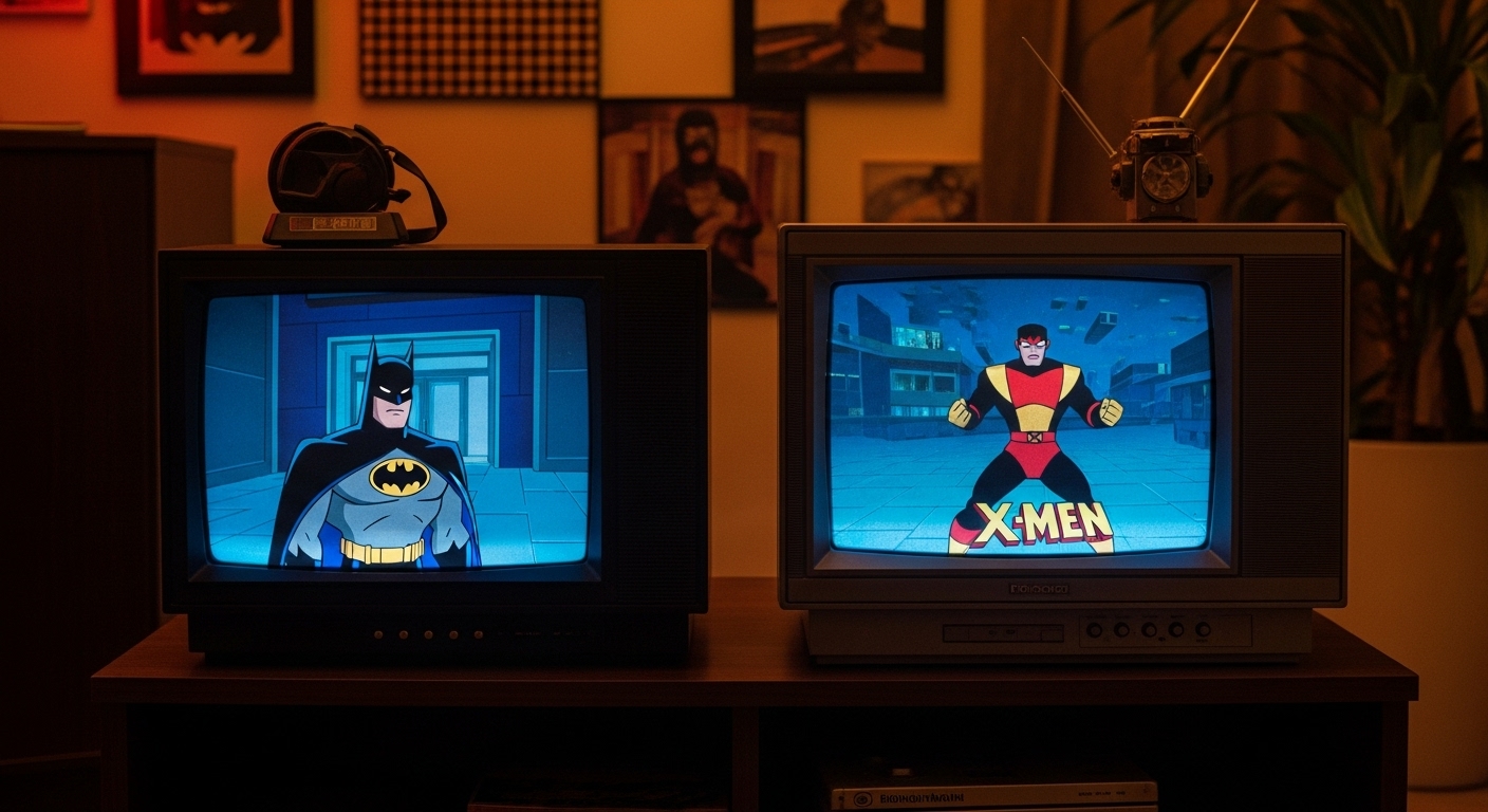 Marvel vs. DC: ¿Quién Tiene el Mejor Universo Animado? 1 Dos televisiones CRT mostrando series animadas de Batman y X Men